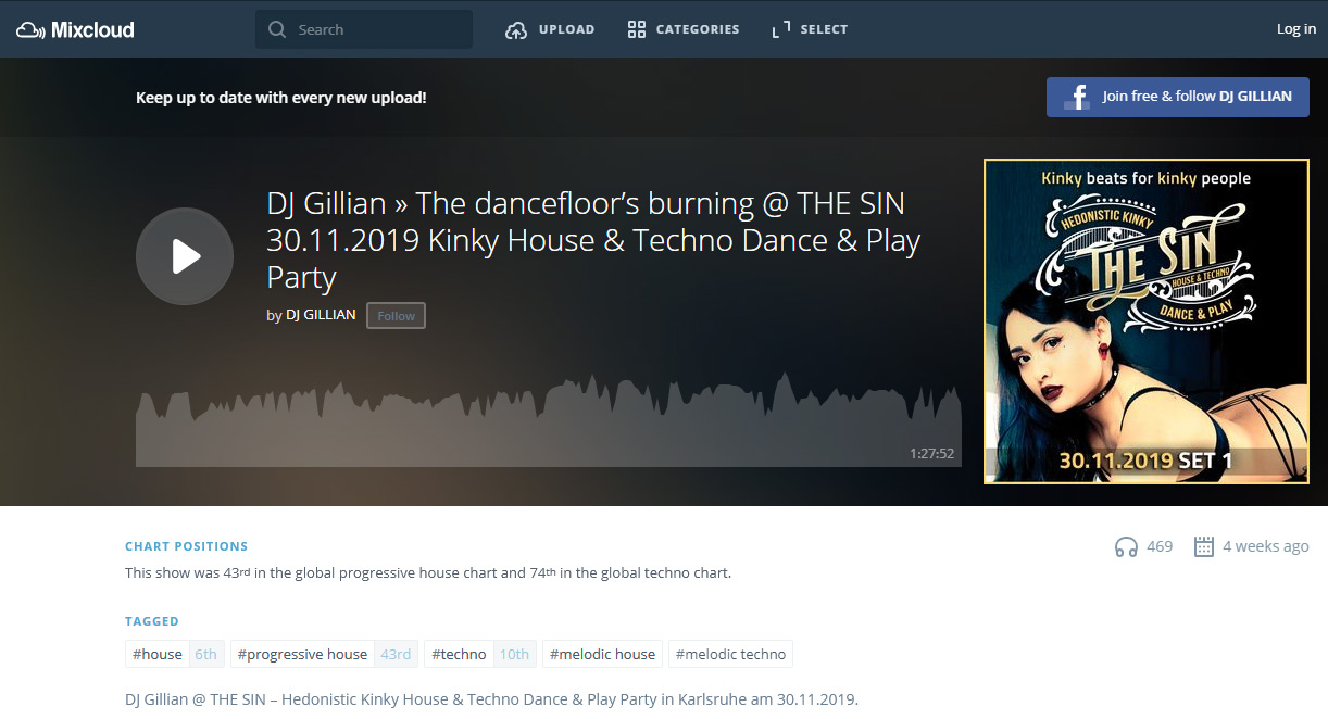 DJ Gillian auf Platz 6 der deutschen Mixcloud House Charts, Platz 10 der Techno Charts & Platz 43 der weltweiten Progressive House Charts.