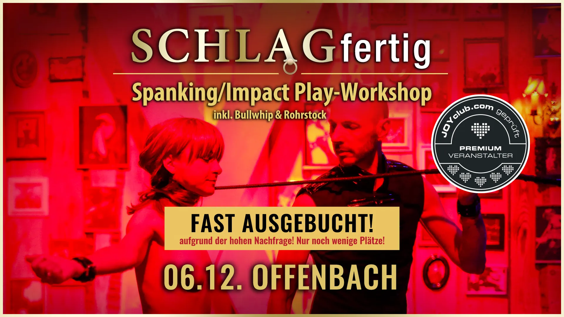 SCHLAGfertig » Der BDSM Spanking und Impact Play-Workshop für erotisches Schlagen mit der Hand, Gerte, Paddle, Flogger, Rosshaarpeitsche, Bullwhip, Rohrstock, Dragon Tails, Spikes,... u.a. in der Grande Opera (in Offenbach bei Frankfurt) mit Workshopleiter GILLIAN von GILLIAN EVENTS Karlsruhe.