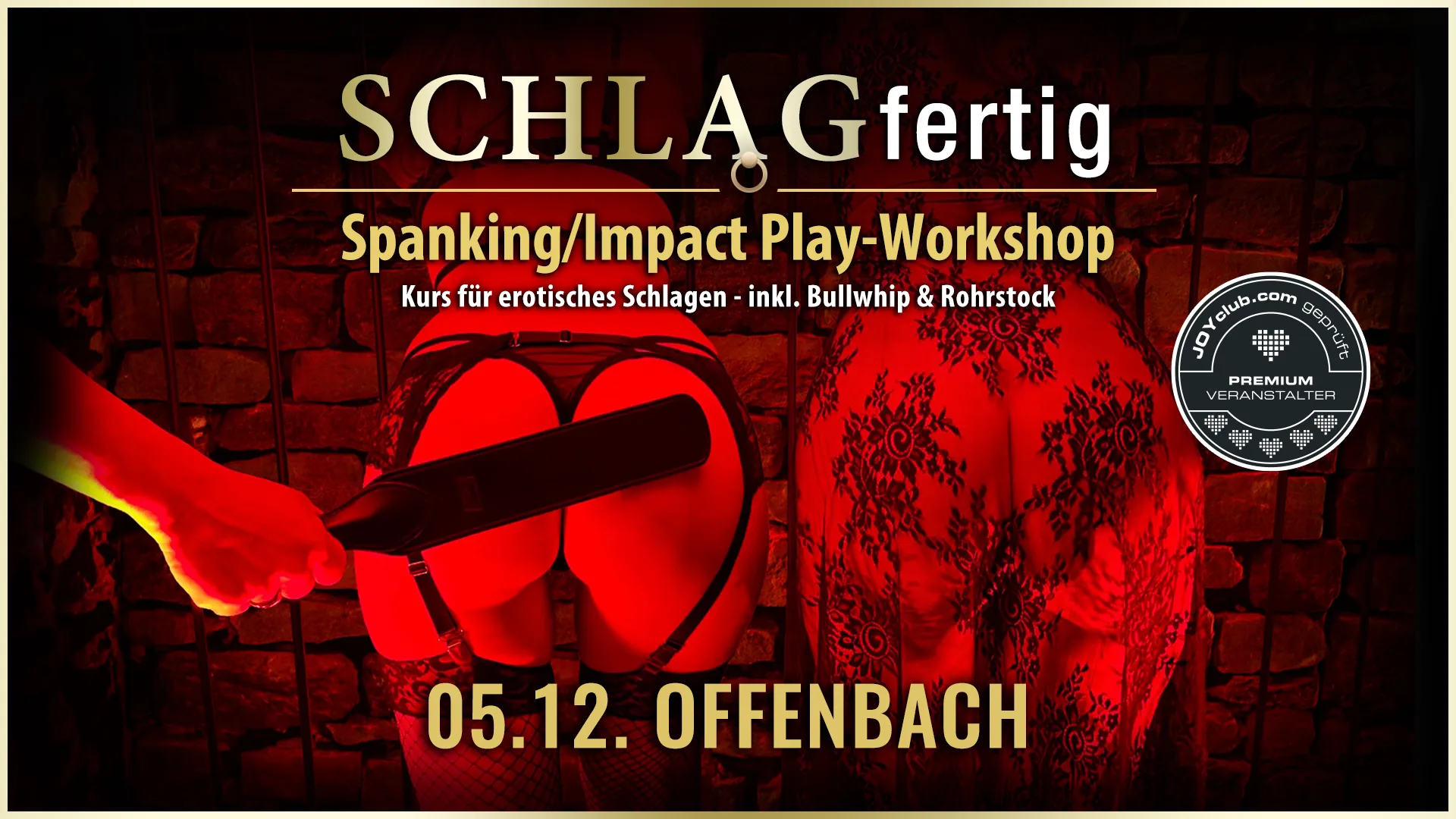 SCHLAGfertig » Der BDSM Spanking und Impact Play-Workshop in der Grande Opera (in Offenbach bei Frankfurt/Wiesbaden) für erotisches Schlagen mit der Hand, Gerte, Paddle, Flogger, Rosshaarpeitsche, Bullwhip, Rohrstock, Dragon Tails, Spikes,... u.a. mit Workshopleiter GILLIAN von GILLIAN EVENTS Karlsruhe. Dieser Workshop zeigt Einsteigern als auch aktiven BDSM'lern mit Erfahrung, wie man das Schlagwerk beim Spanking richtig einsetzt, wie man in den Subspace-Trance Zustand gelangt, welche Reihenfolge der Werkzeuge sinnvoll ist, verschiedene Spieltechniken, das Spiel mit dem Lustschmerz, Aftercare, wie man einem emotionalen Tief danach entgegenwirkt... uvm.