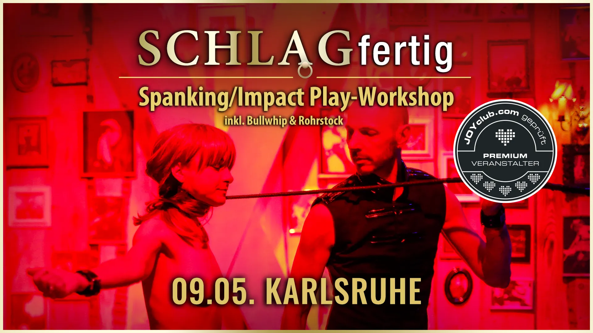 SCHLAGfertig » Der BDSM Spanking und Impact Play-Workshop für erotisches Schlagen mit der Hand, Gerte, Paddle, Flogger, Rosshaarpeitsche, Bullwhip, Rohrstock, Dragon Tails, Spikes,... u.a. in Karlsruhe mit Workshopleiter GILLIAN.