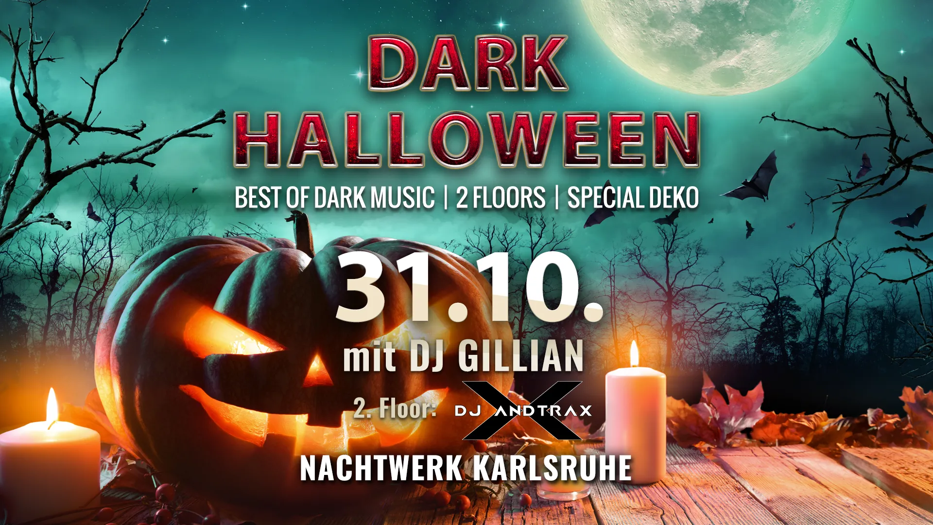 DARK HALLOWEEN Party auf 2 Floors im Nachtwerk Karlsruhe mit DJ GILLIAN auf dem Mainfloor und AndTraX (auf dem zweiten Floor). Eine der größten düsteren Halloween Partys im Südwesten.