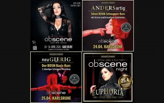 Die OBSCENE Messe, das Pendant im Süden zur erfolgreichen PASSION in Hamburg, findet vom 24.04. - 26.04.2026 in der Gartenhalle Karlsruhe statt. Auf 4.500 qm ist die OBSCENE Europas großer Treffpunkt für die Kink-, Gothic, BDSM- und Fetisch-Szene mit 110 Ausstellern, Shows, Workshops und einem umfangreichem Rahmenprogramm u.a. mit zwei BDSM Workshops von GILLIAN und der OBSCENE Night 2026 » EUPHORIA.
