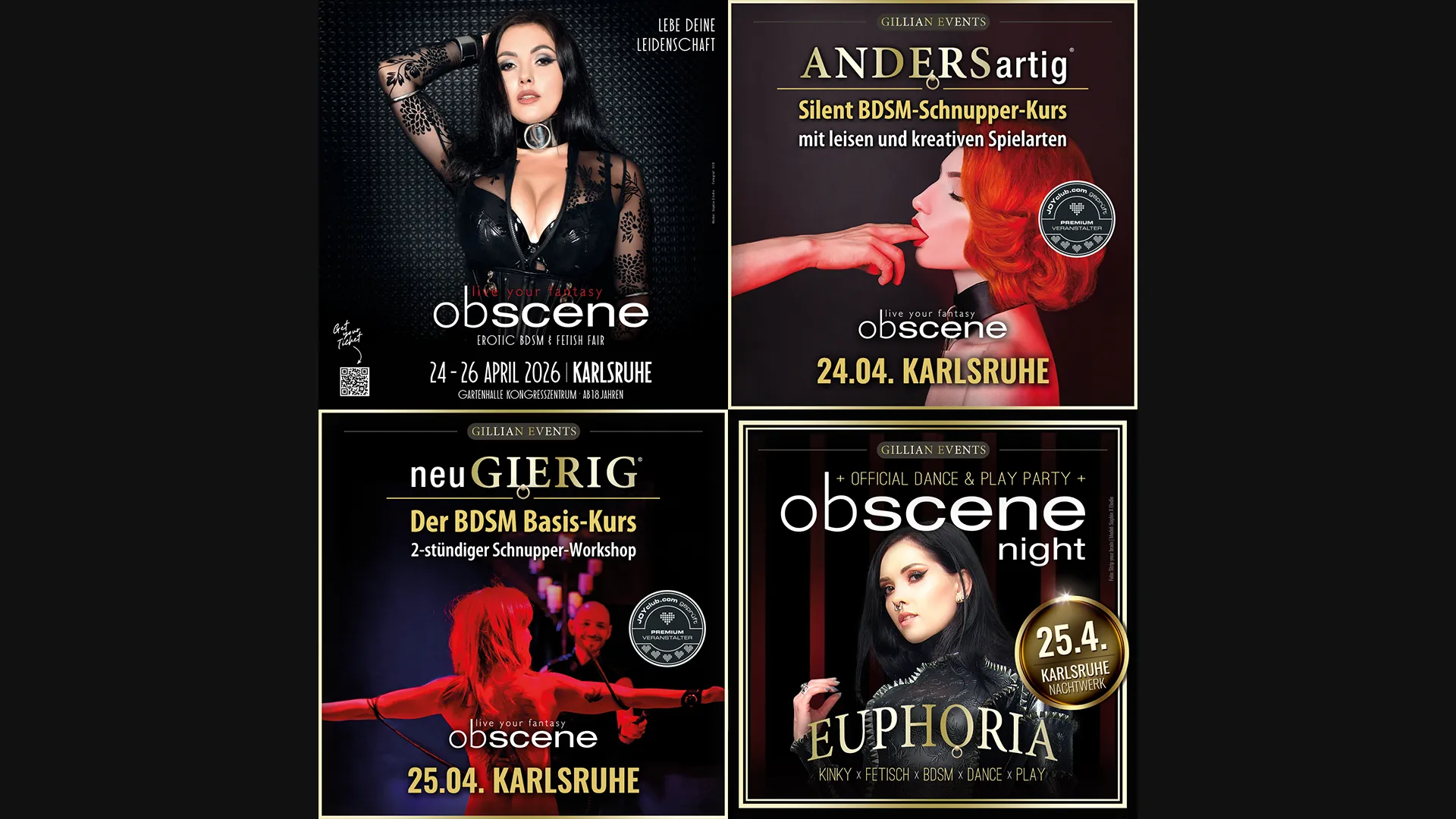 Die OBSCENE Messe, das Pendant im Süden zur erfolgreichen PASSION in Hamburg, findet vom 24.04. - 26.04.2026 in der Gartenhalle Karlsruhe statt. Auf 4.500 qm ist die OBSCENE Europas großer Treffpunkt für die Kink-, Gothic, BDSM- und Fetisch-Szene mit 110 Ausstellern, Shows, Workshops und einem umfangreichem Rahmenprogramm u.a. mit zwei BDSM Workshops von GILLIAN und der OBSCENE Night 2026 » EUPHORIA.
