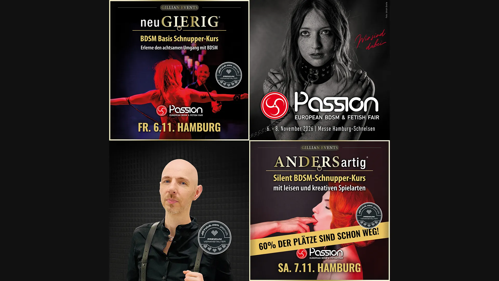 Erlerne den achtsamen Umgang mit BDSM in einer sicheren Umgebung. neuGIERIG » Entdecke BDSM: Der BDSM Basis Kurs und ANDERSartig » Silent BDSM, der 2-stündige Schnupper-Kurs mit leisen Spielarten für das Spiel nach 22 Uhr (wenn man hellhörige Nachbarn oder Kinder hat), ungewöhnlichen Spieltechniken und kreativen Session-Ideen. Zwei außergewöhnliche Kurse im Rahmen der PASSION Messe Hamburg mit dem erfahrenen Workshopleiter und fachkundigen Experten GILLIAN.